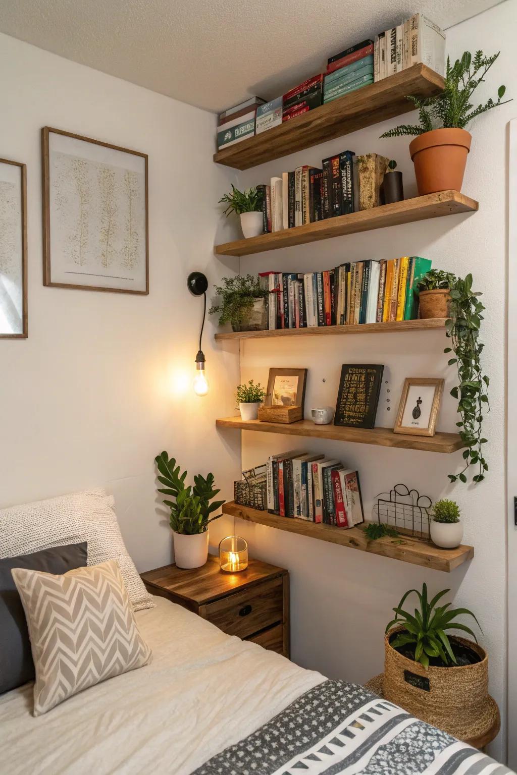 Floating shelves provide functional storage.