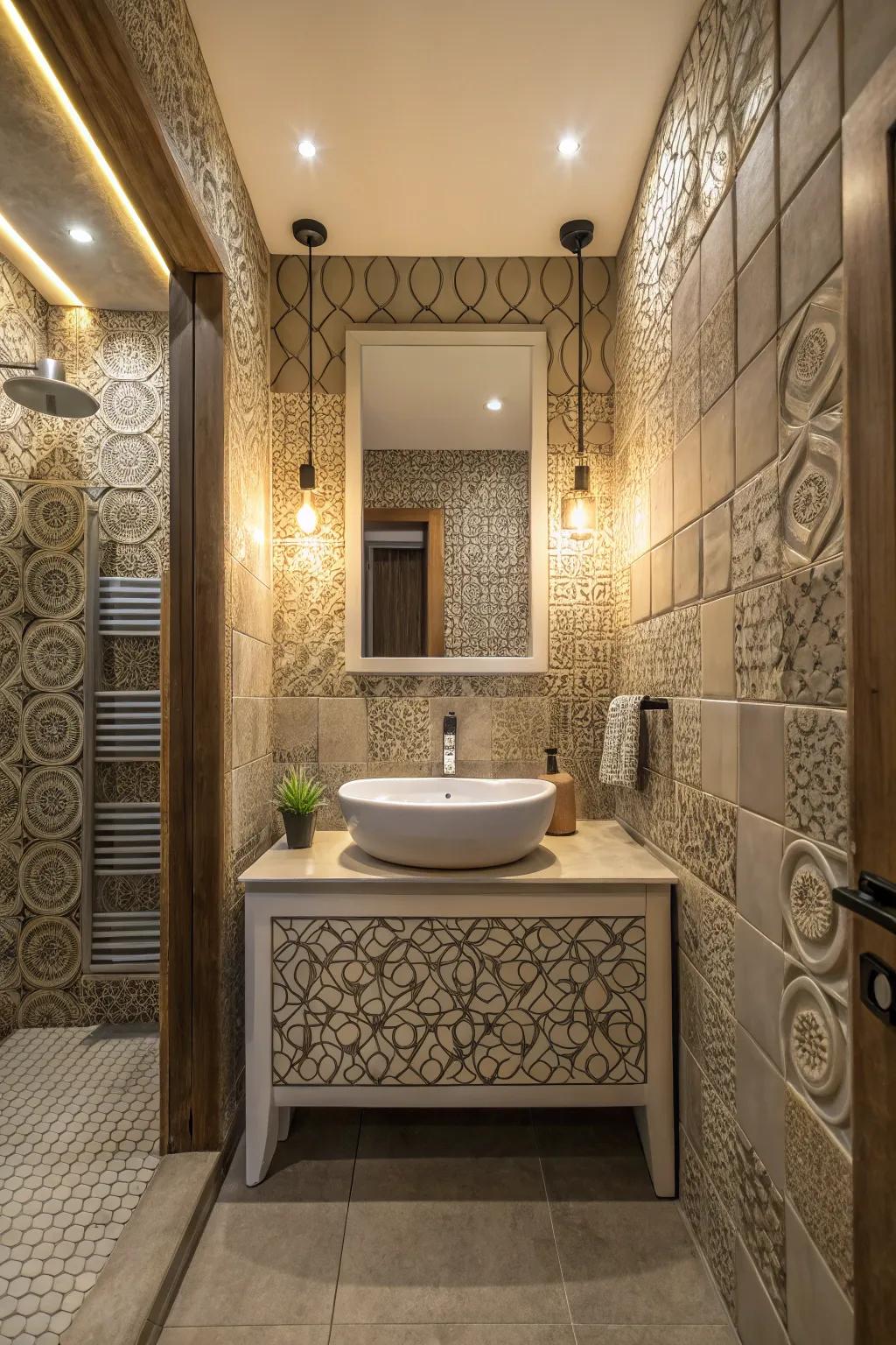 Textured tiles add depth and drama to sink areas.