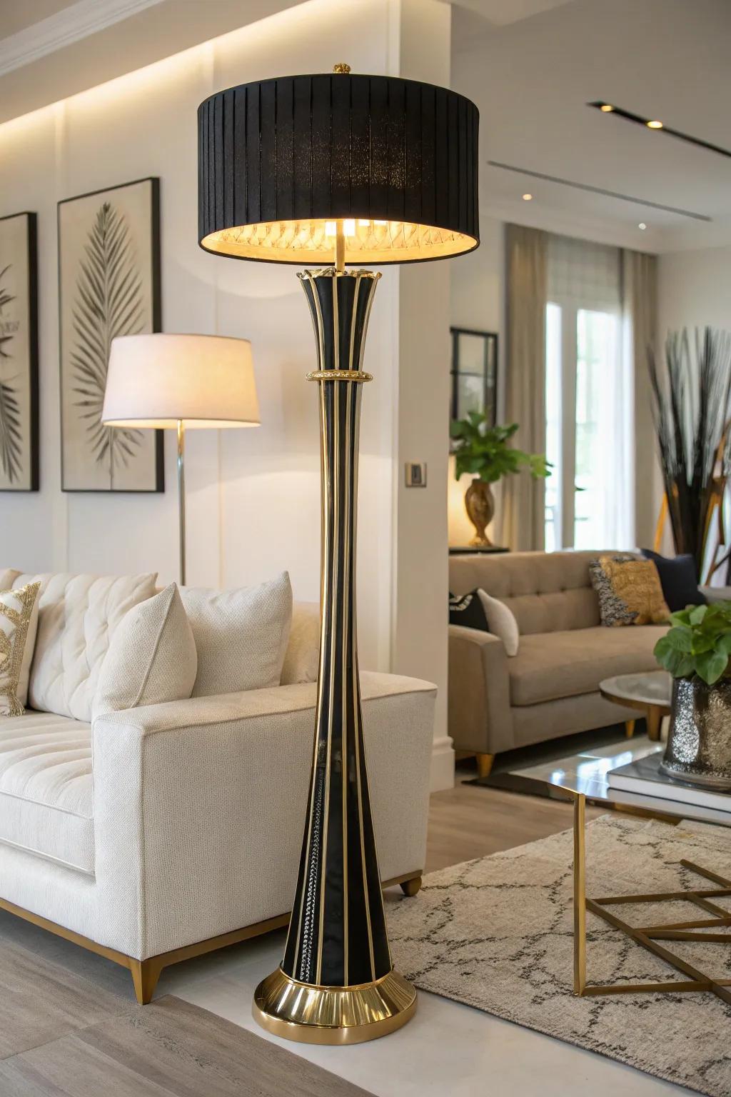 A statement floor lamp adding sophistication to the living room.