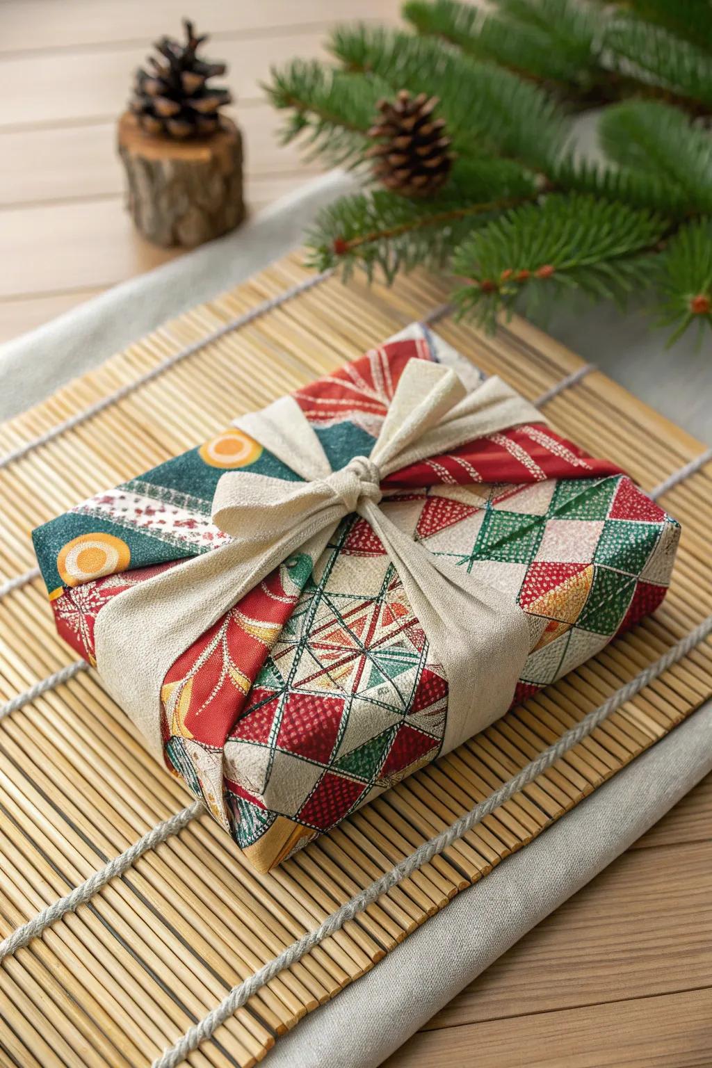 A furoshiki-wrapped gift, showcasing the elegance and sustainability of traditional Japanese wrapping techniques.