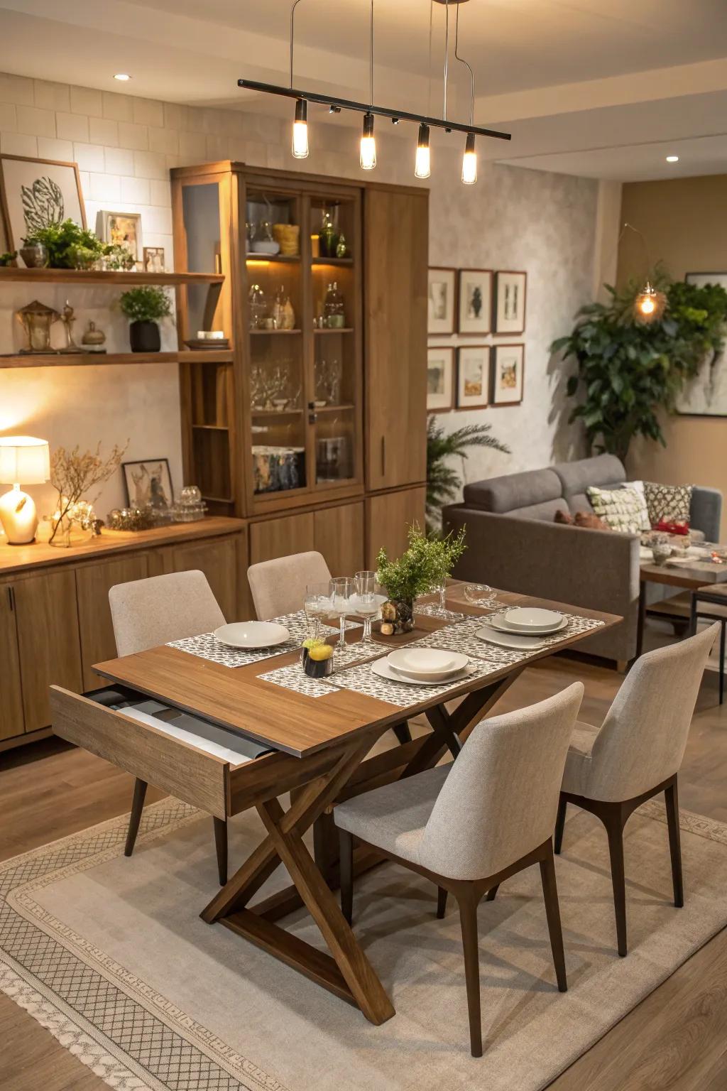 Multifunctional furniture maximizes space and utility in the dining room.