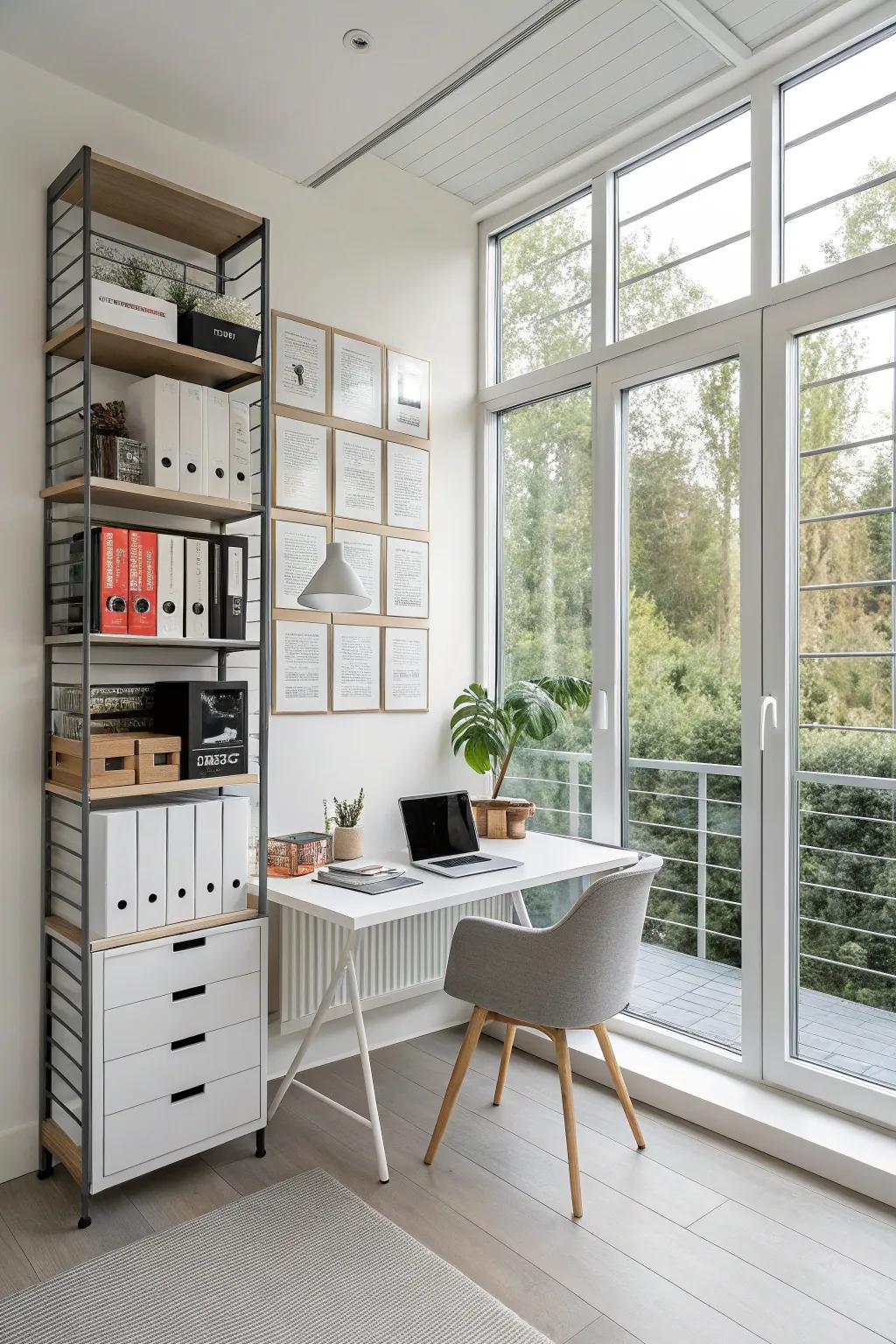 Vertical storage maximizing space in a home office.