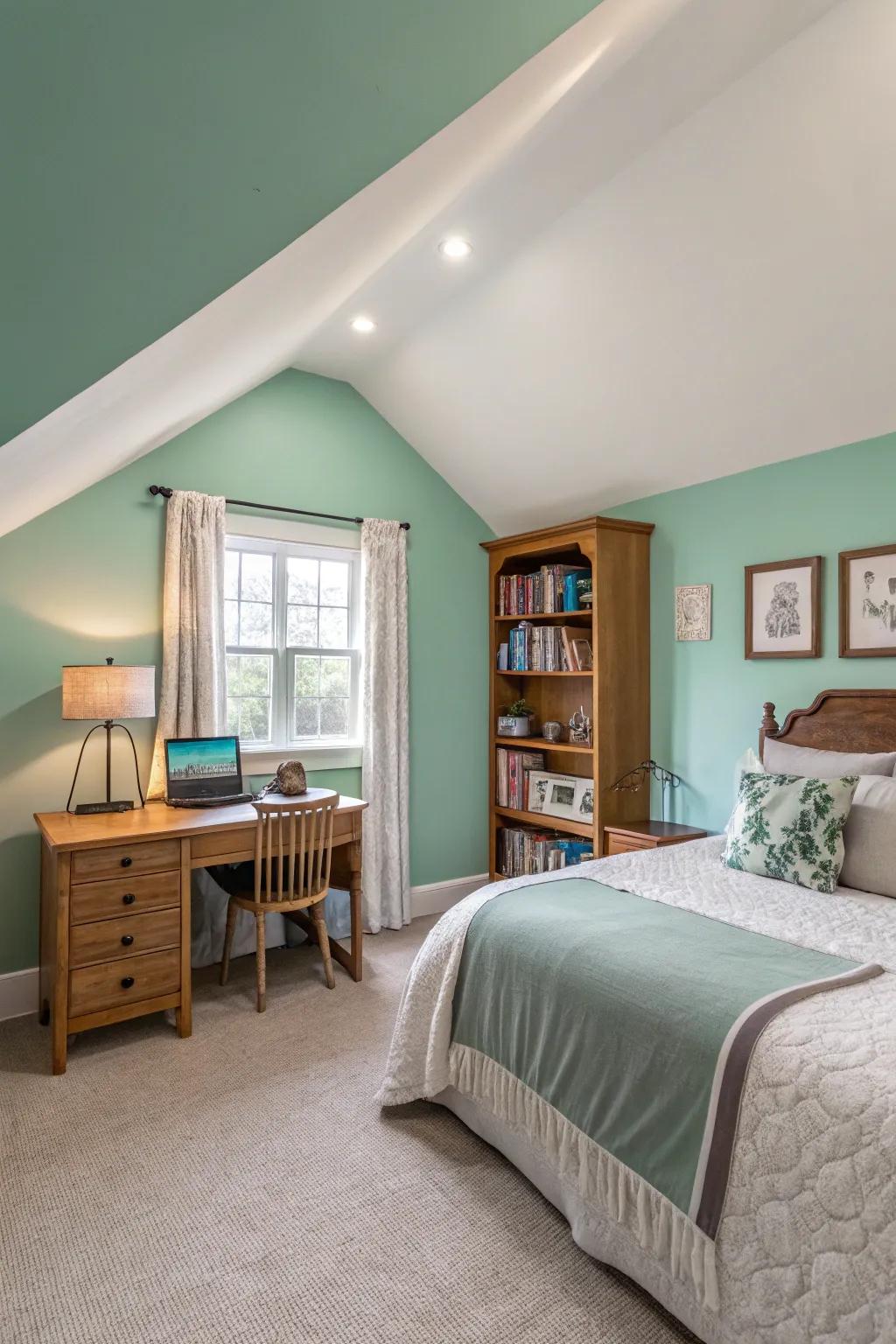 A springtime green ceiling injects an unexpected touch.