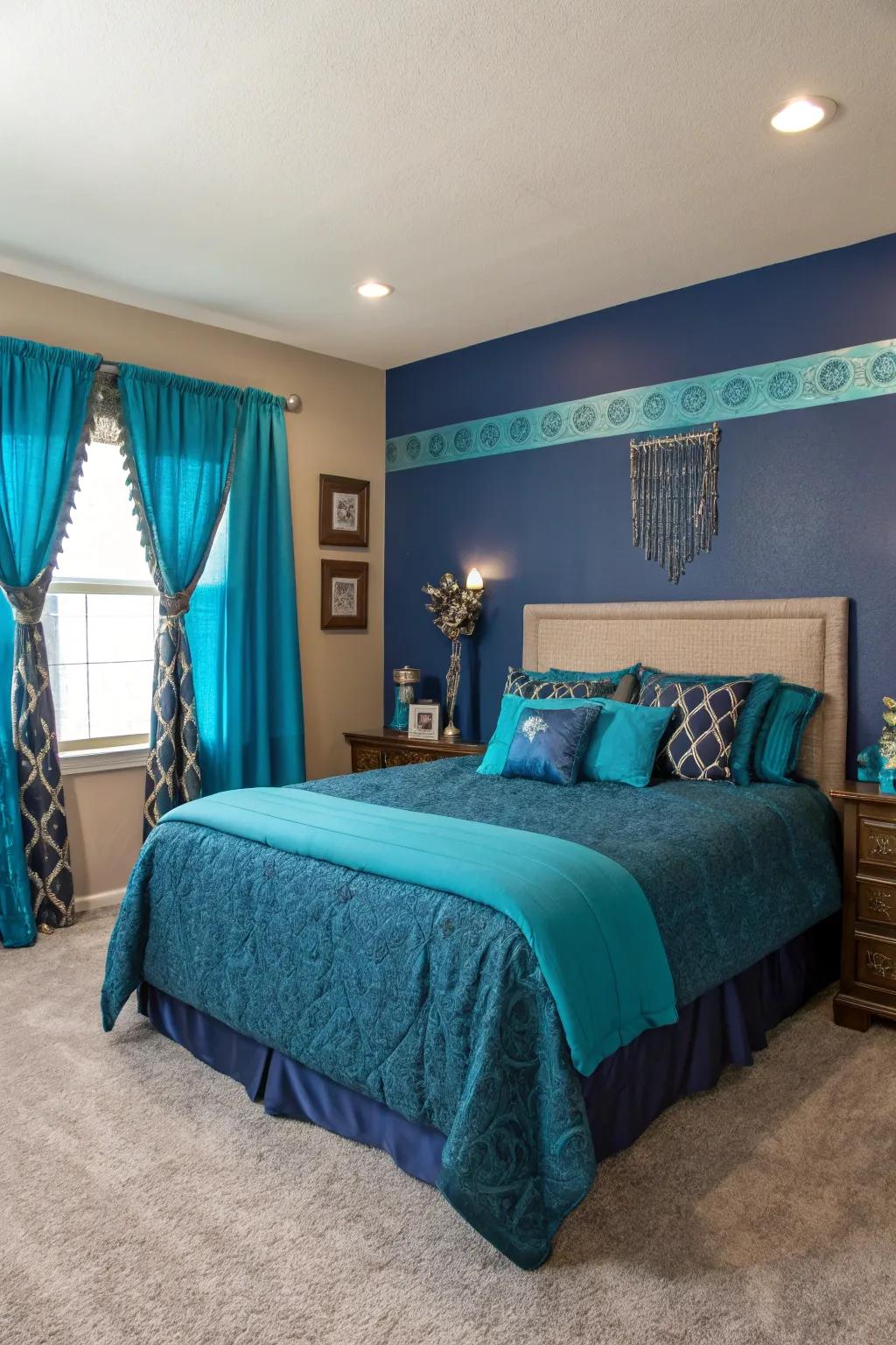 Teal accents add a vibrant twist to the royal blue-themed bedroom.