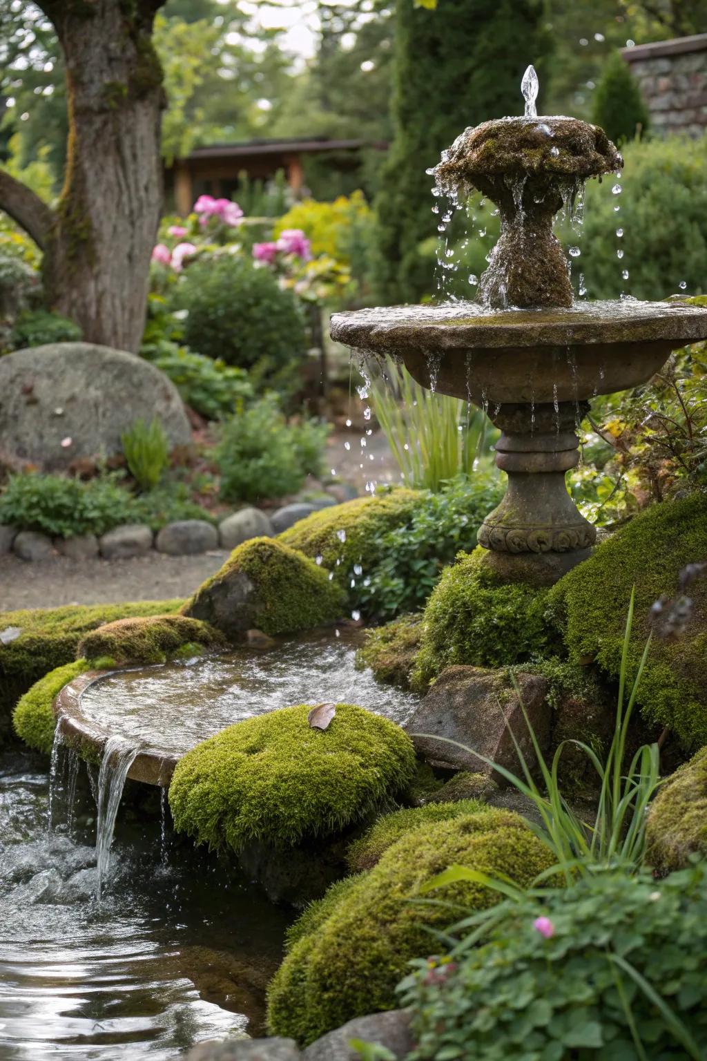 A serene spring showcasing water cascading over lichen rocks.