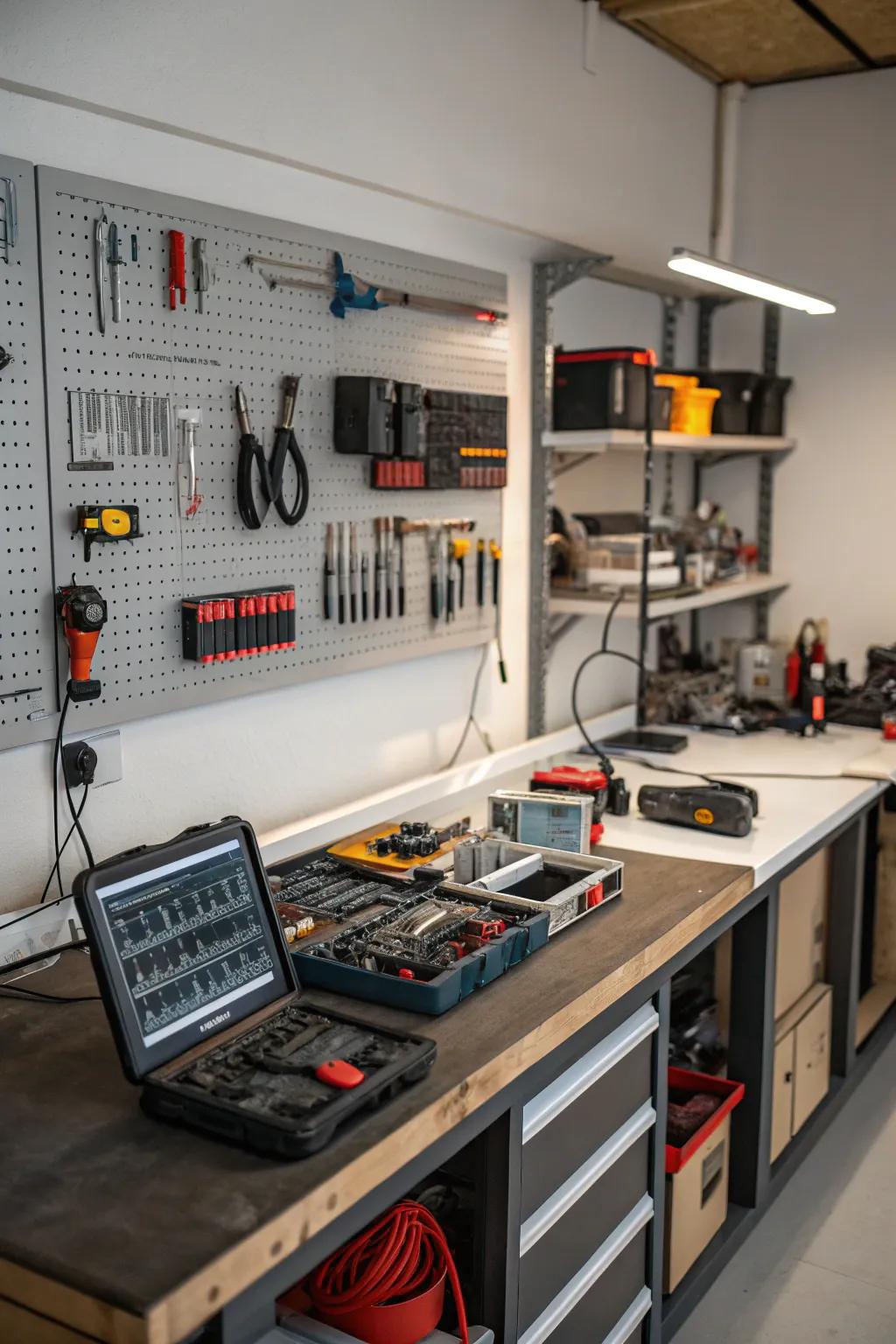 A tech repair station perfectly organized in a garage.