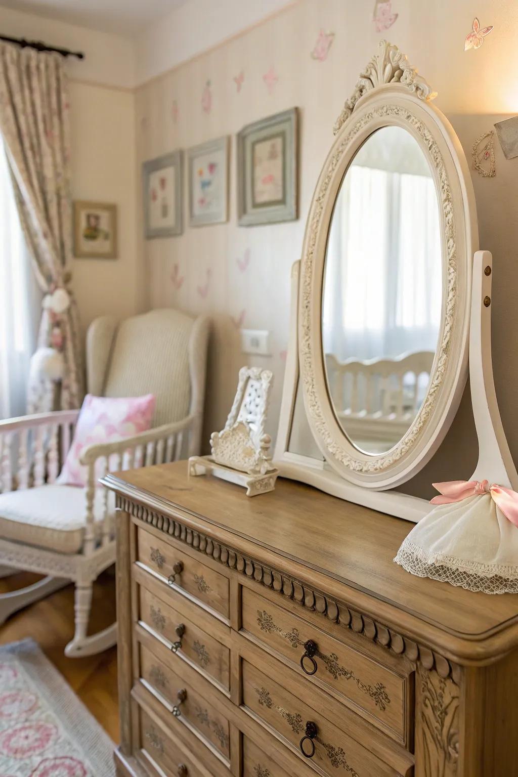 A vintage mirror adds elegance and a sense of history to this nursery.