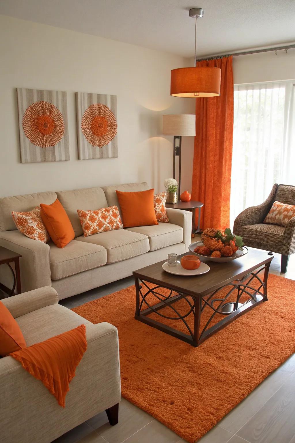 Orange accents in unexpected areas add a playful and unique touch.