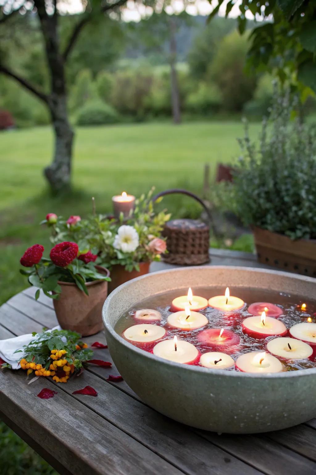 Floating apple candles offer a unique and fragrant touch.