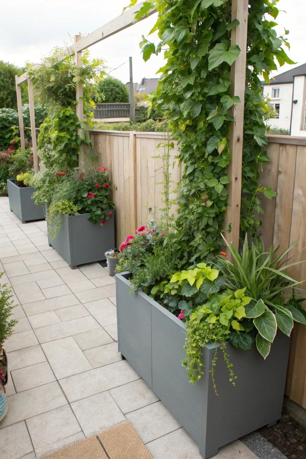 Planters define spaces while adding greenery.