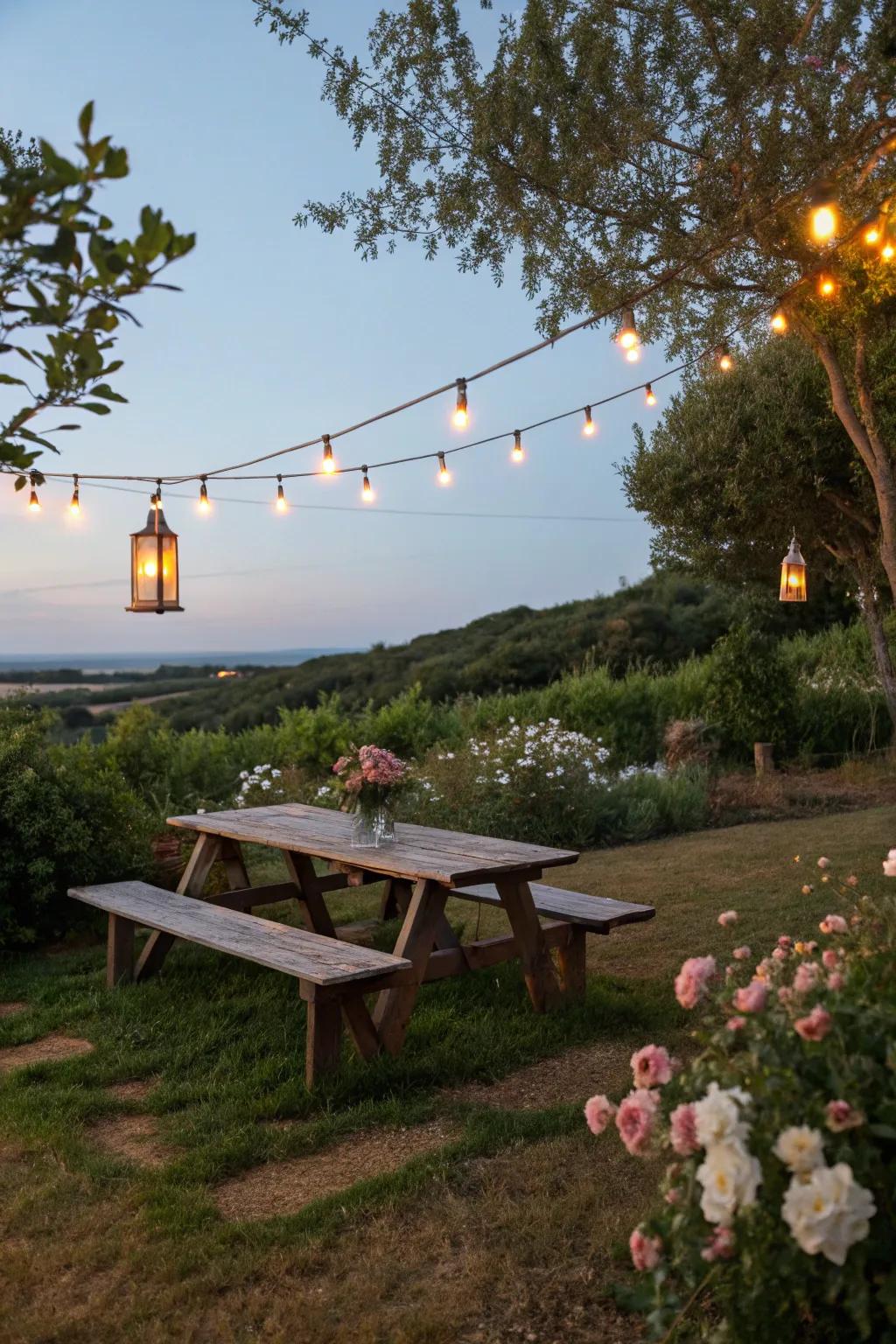 Lanterns provide a gentle, romantic light perfect for evening gatherings.