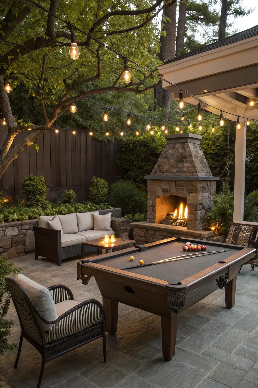 A pool table area with a fire pit providing warmth and ambiance.