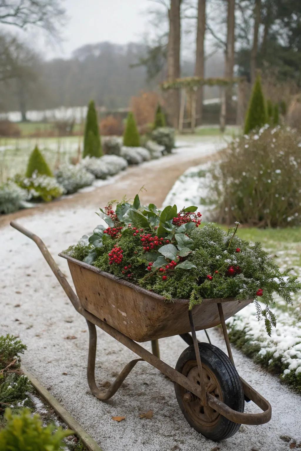 A vintage wheelbarrow offers a charming display option.