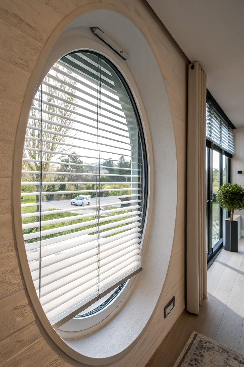 Automated blinds bring convenience and modernity to oval windows.