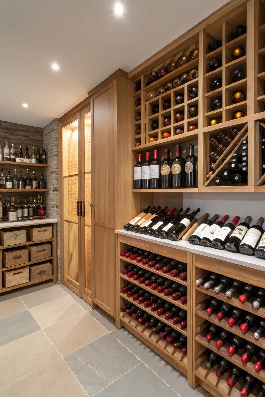 A pantry with a stylish wine storage area for enthusiasts.