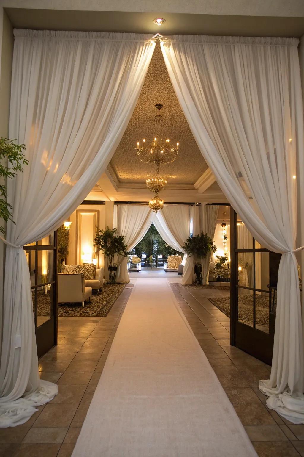 Chic fabric pathways guide guests elegantly into the party.