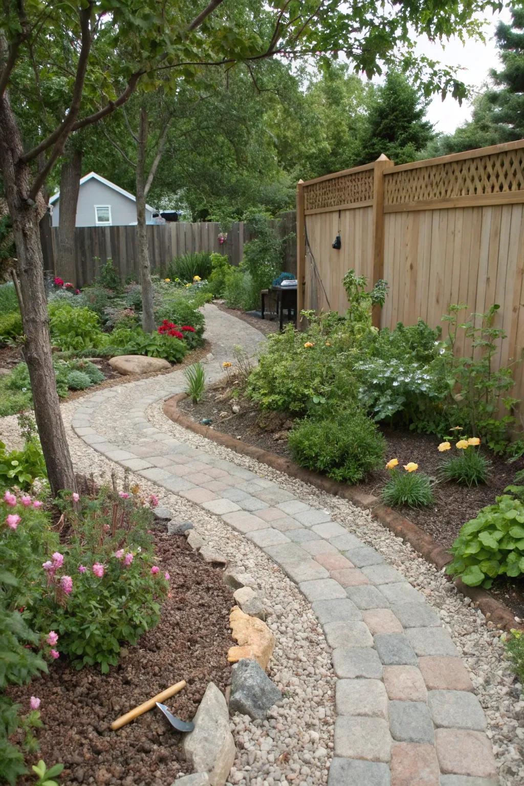 An informal pea gravel and paver path in a relaxed garden.