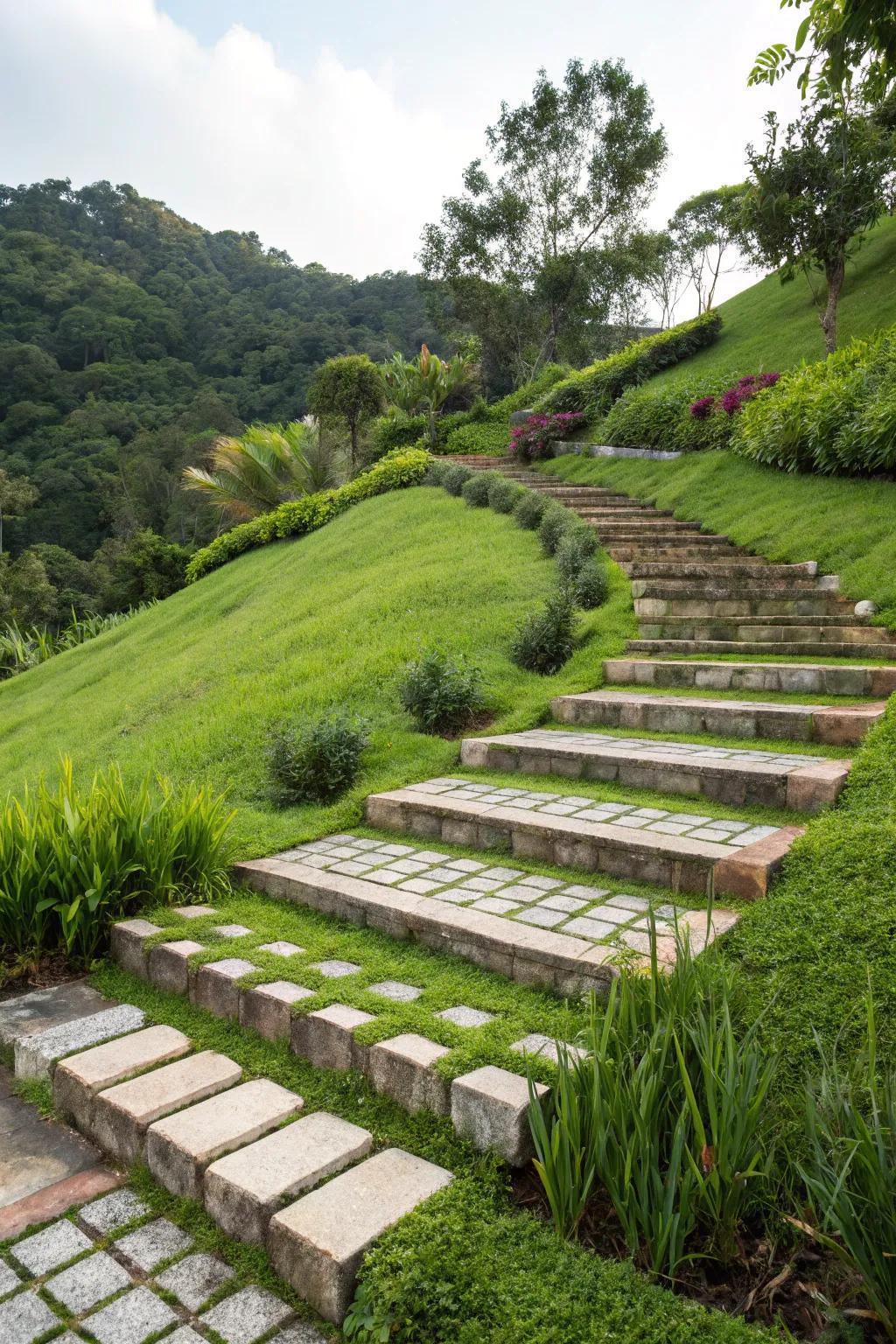 Tiered steps handle inclines beautifully.
