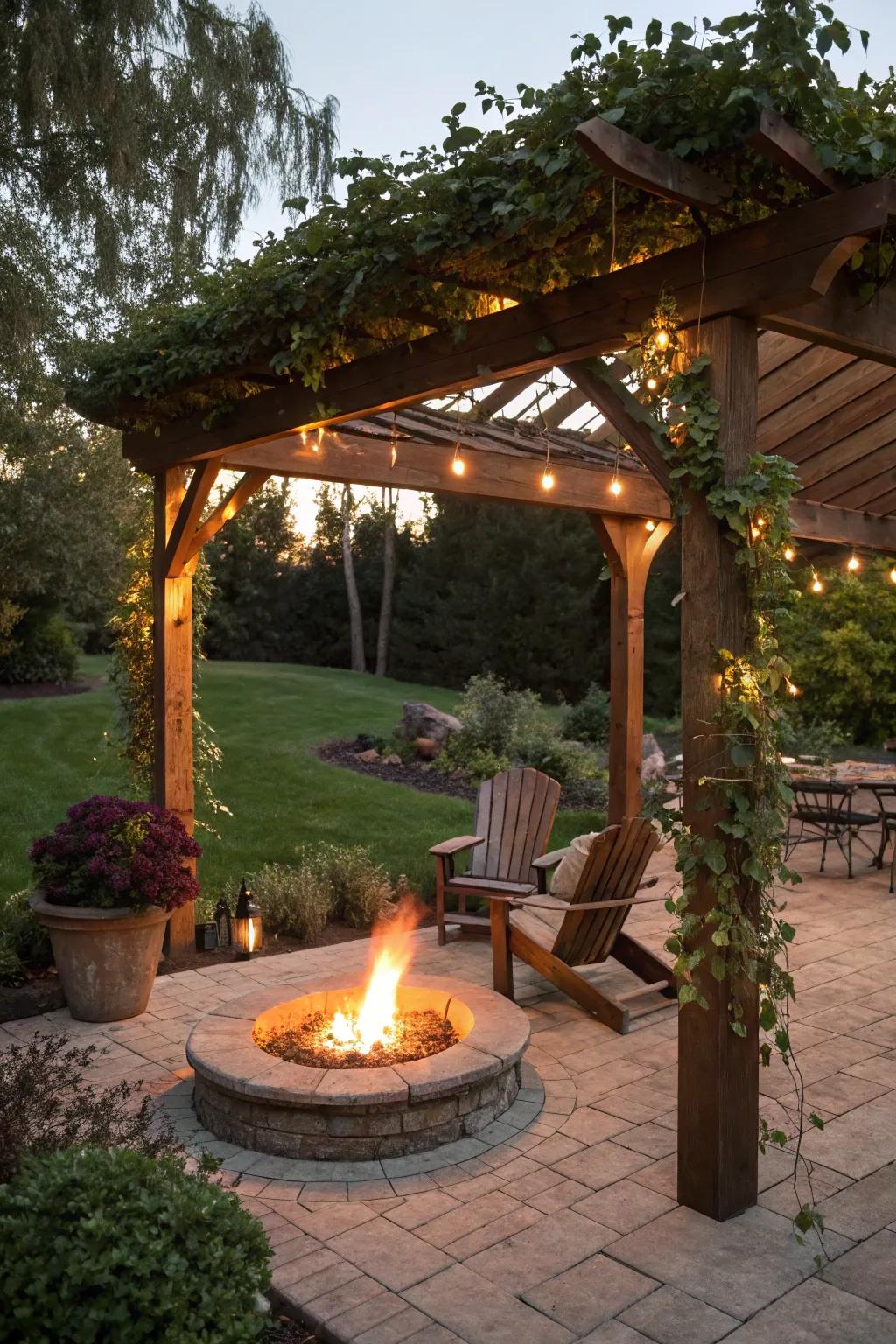 A fire pit adds warmth and a soft glow.