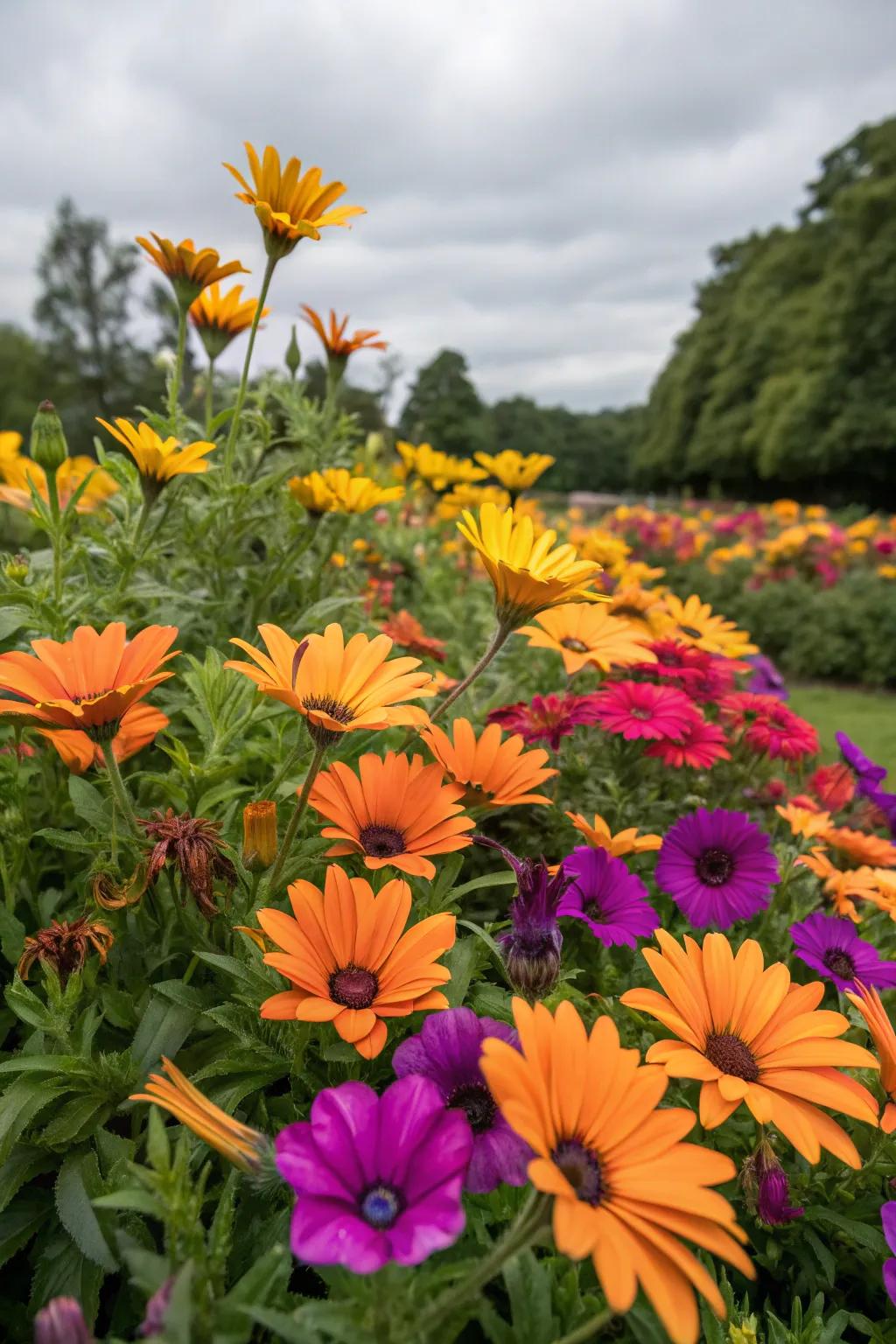 African daisies and petunias create a bright and bold garden display.