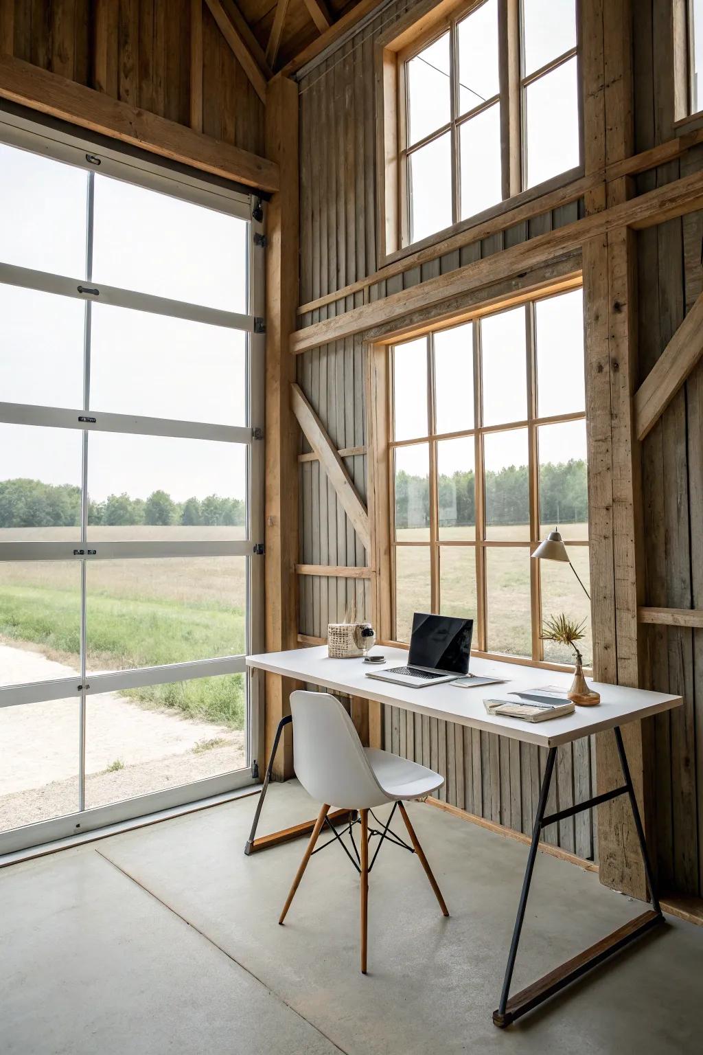 A simple office in a pole barn with a basic desk and natural light.