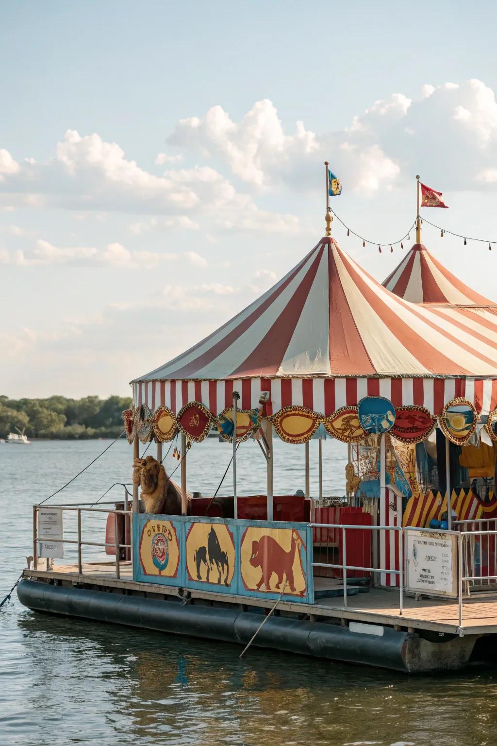 Vintage circus-themed pontoon boat full of fun and excitement.