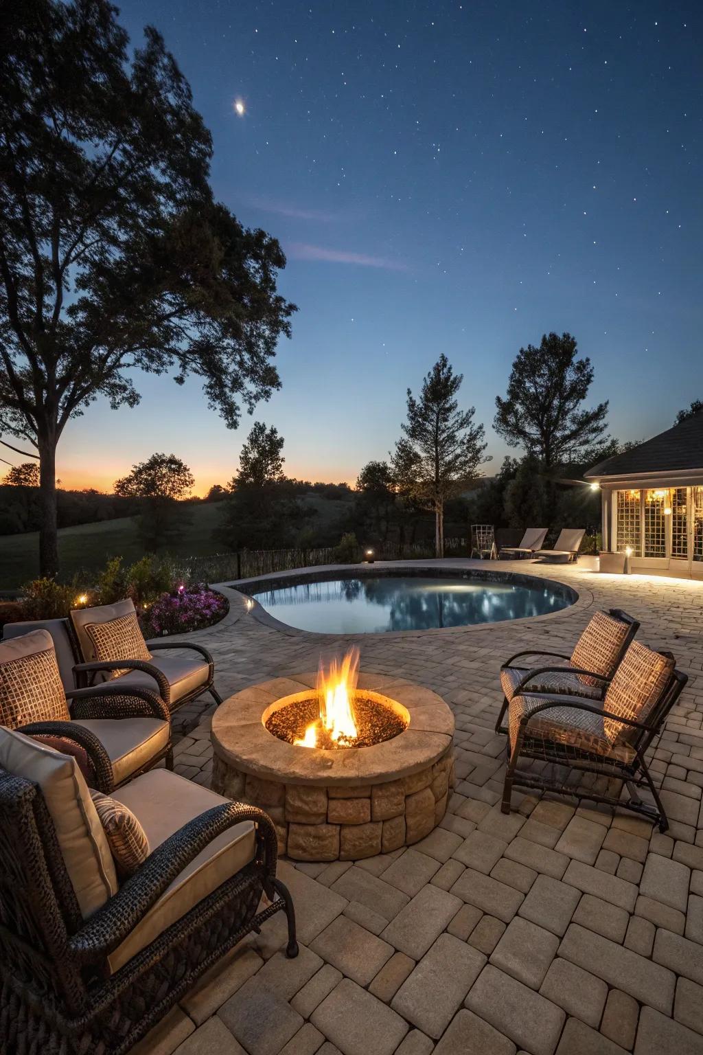 A fire pit creates a warm and inviting atmosphere for evening enjoyment.