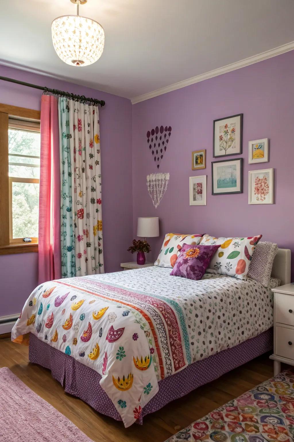 Playful designs adding visual charm to a violet-themed sleeping space.