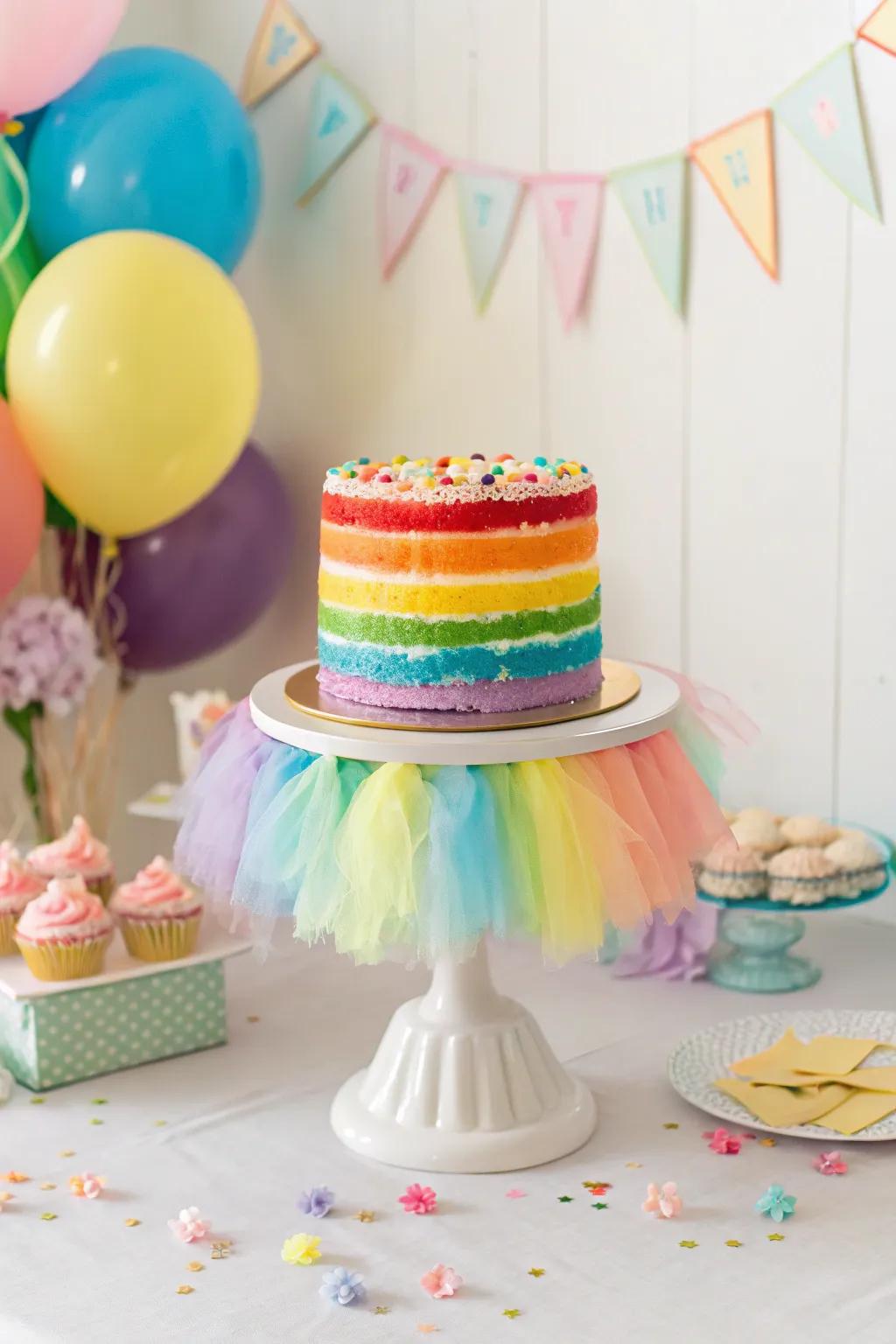 A tulle skirt cake stand adds whimsy and flair to any cake.