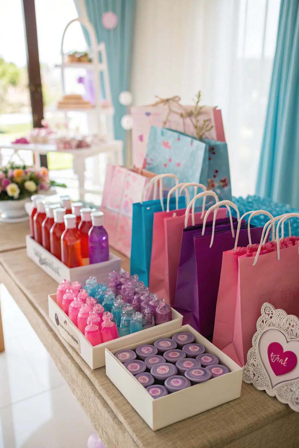 A table filled with colorful wedding favors for guests.