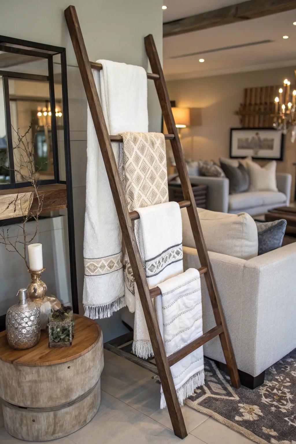 Showcase your collection with a towel ladder display.