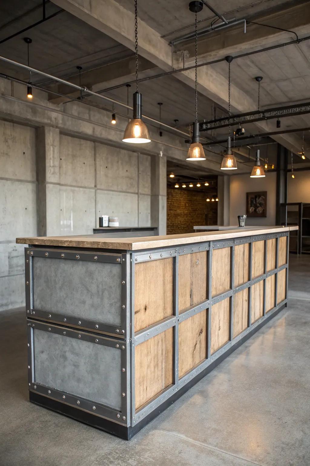 An industrial reception desk that adds character and modernity.