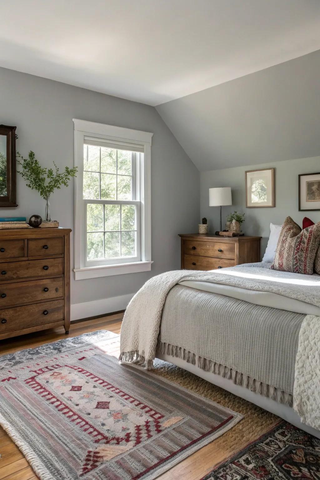 Layered rugs add comfort and visual interest to a Revere Pewter bedroom.