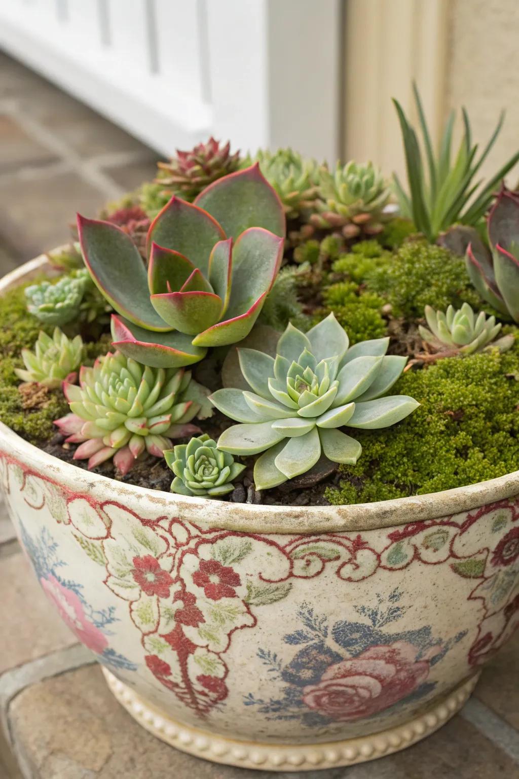 Create a stunning arrangement with rose moss and succulents.