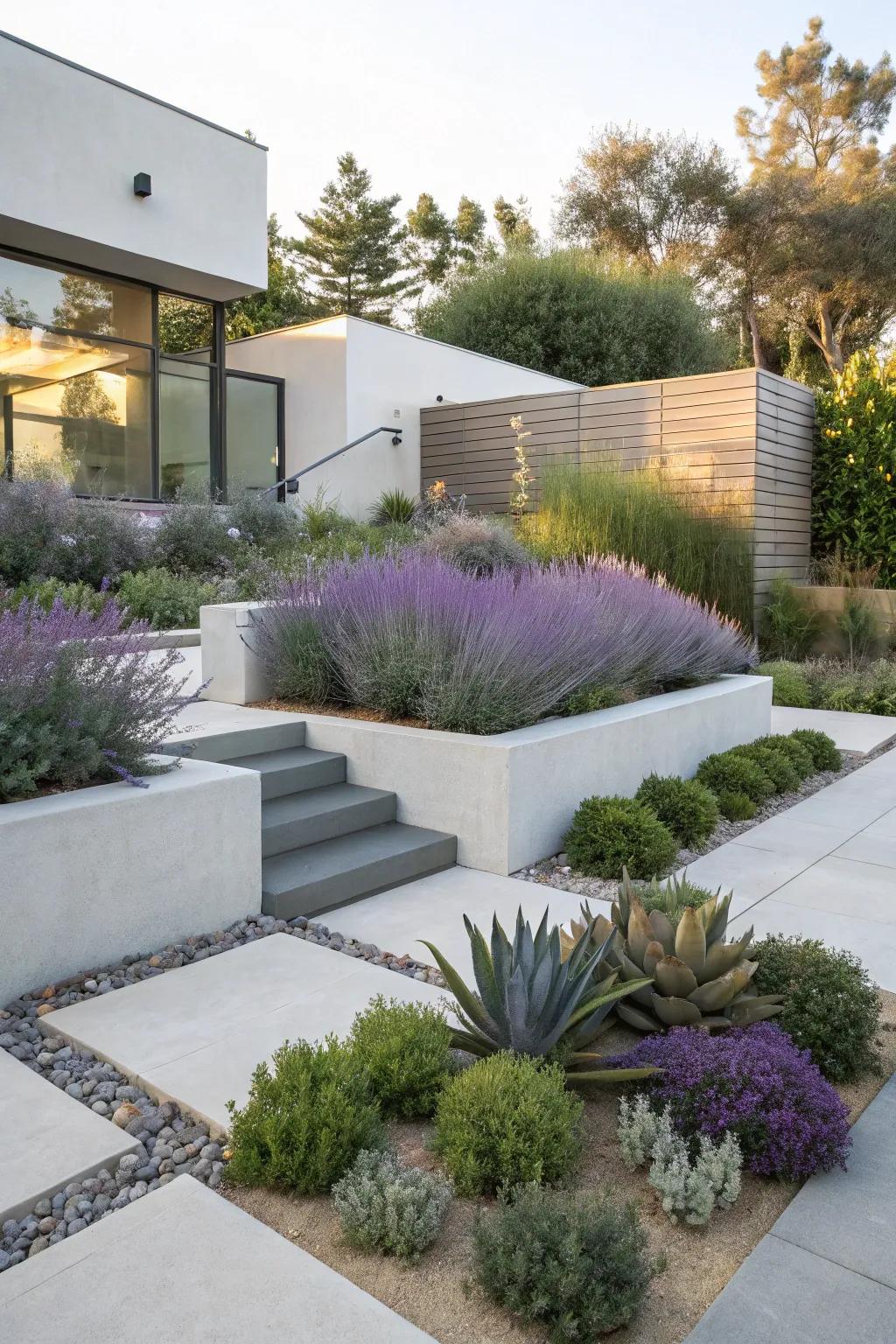A modern garden featuring Silver Queen and succulents.