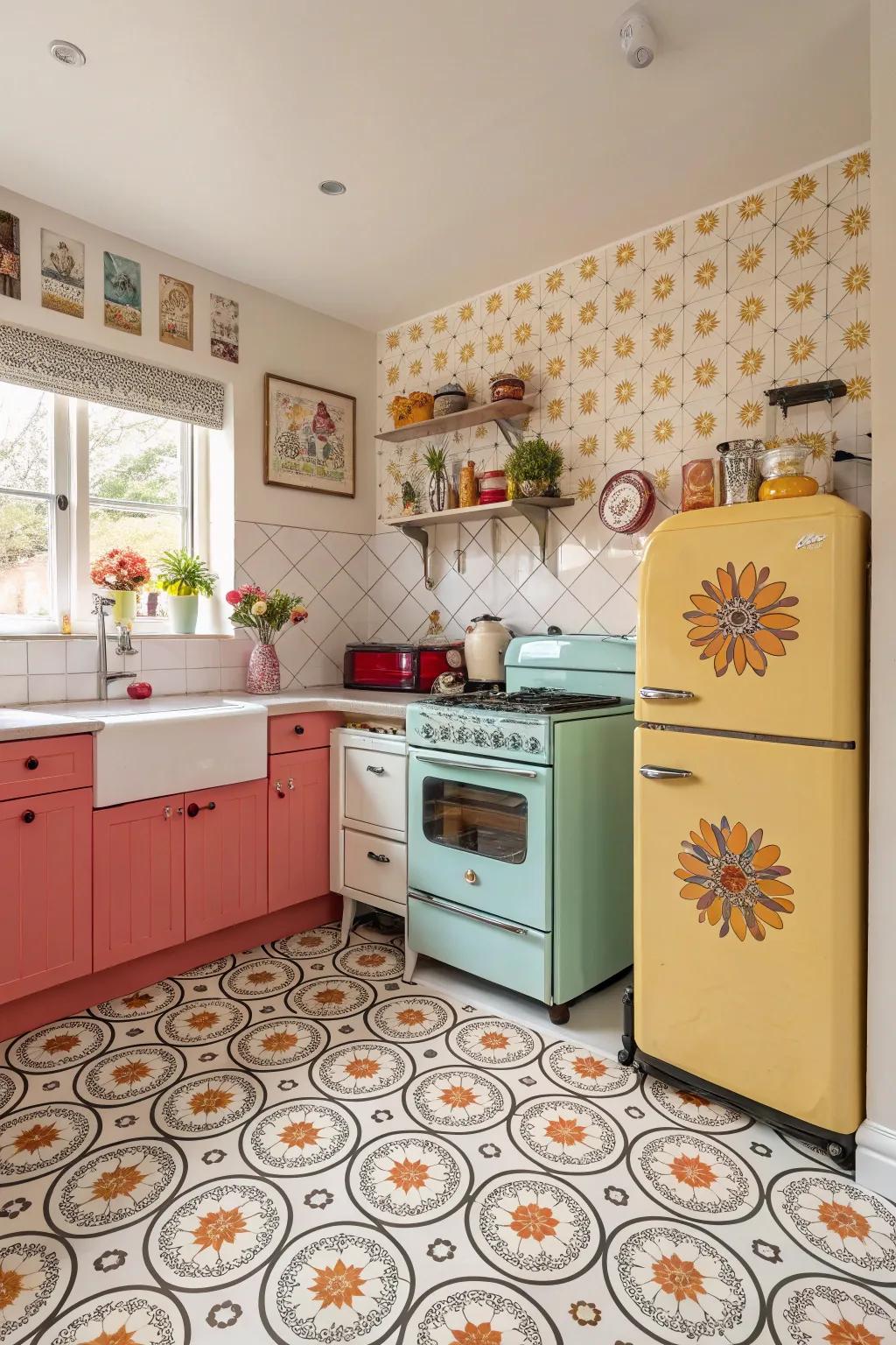 Vintage vinyl tiles bring color and nostalgia to the kitchen.