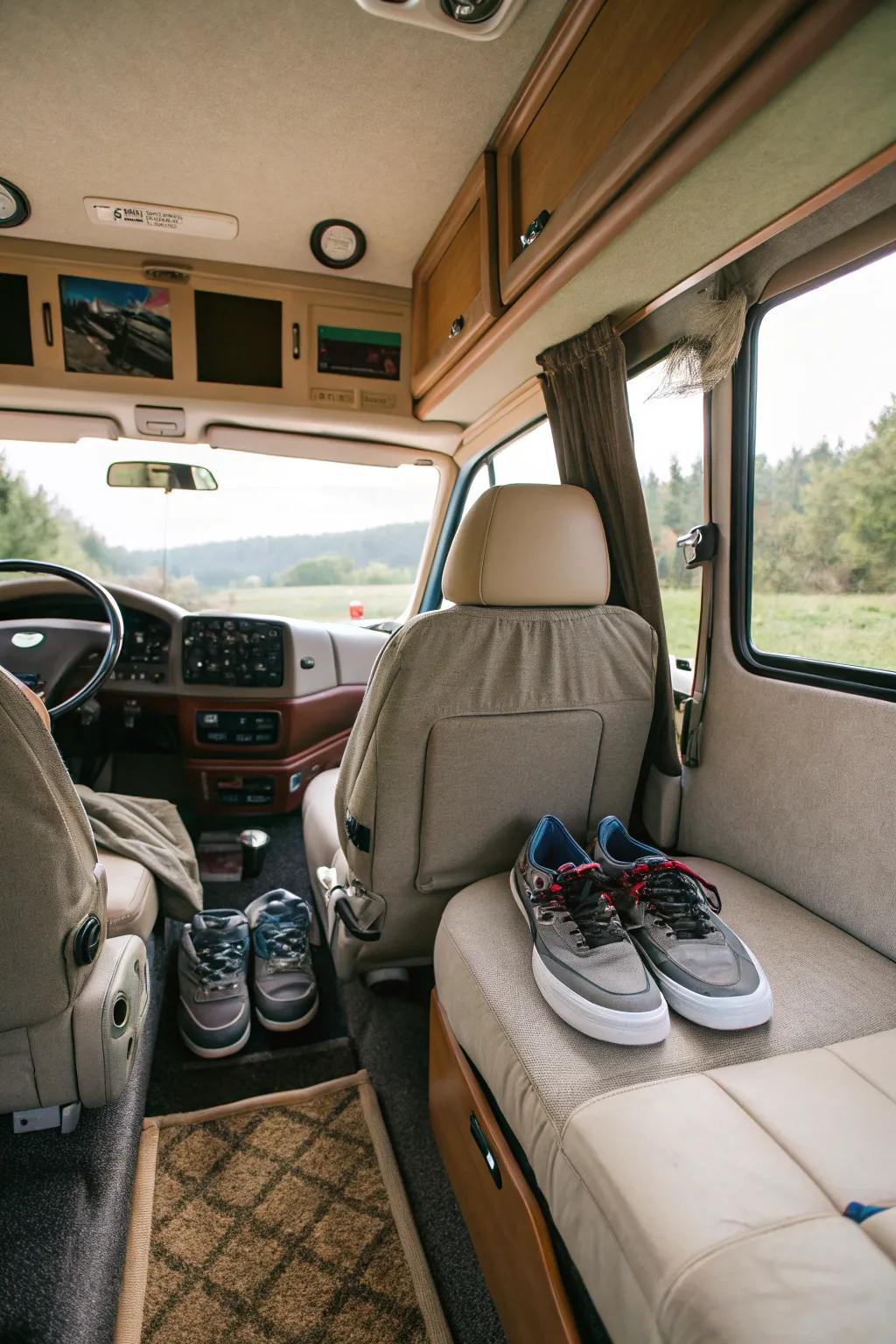 Find hidden shoe storage under the passenger seat.