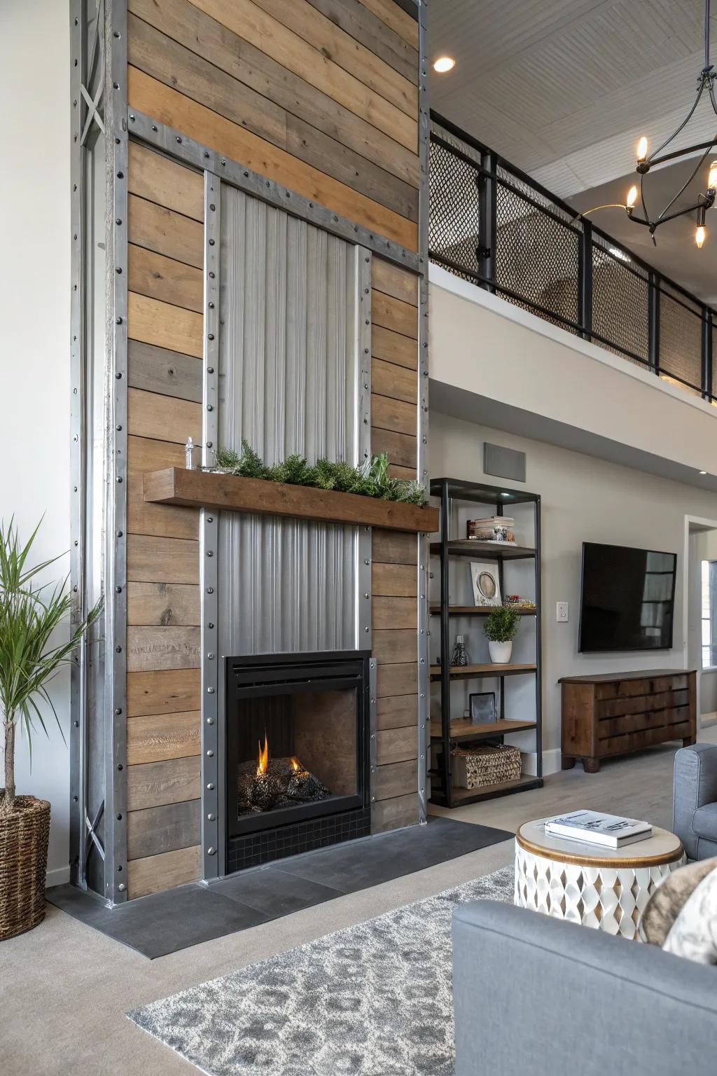 Industrial-style shiplap fireplace brings rugged, urban charm to the space.