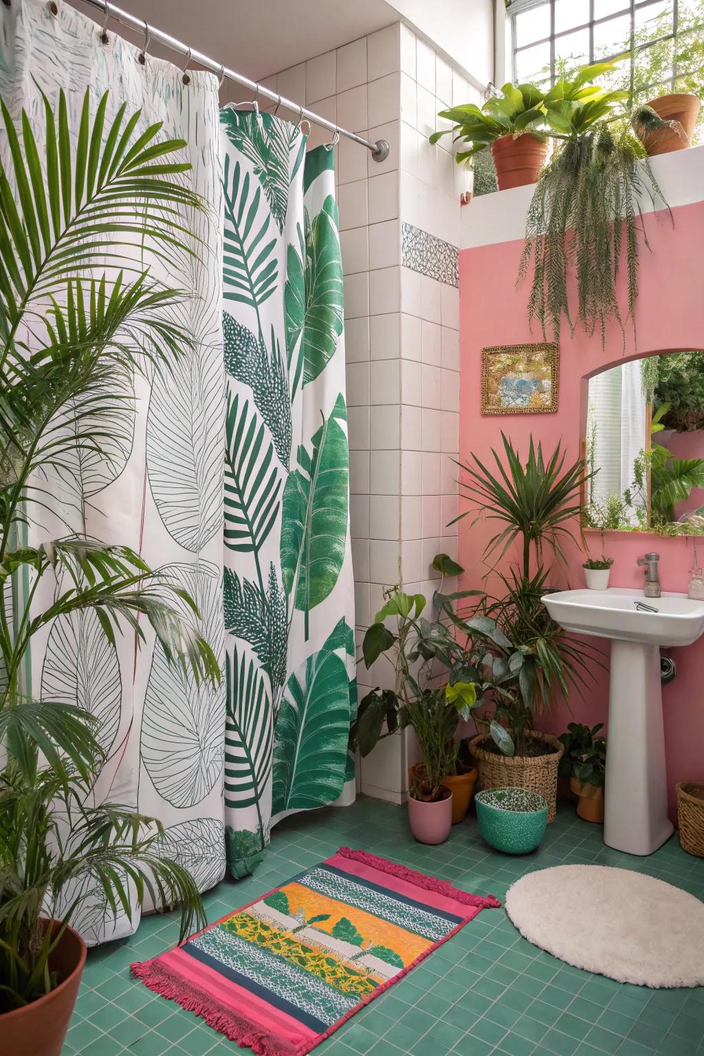 Tropical patterns turn your bathroom into a paradise getaway.