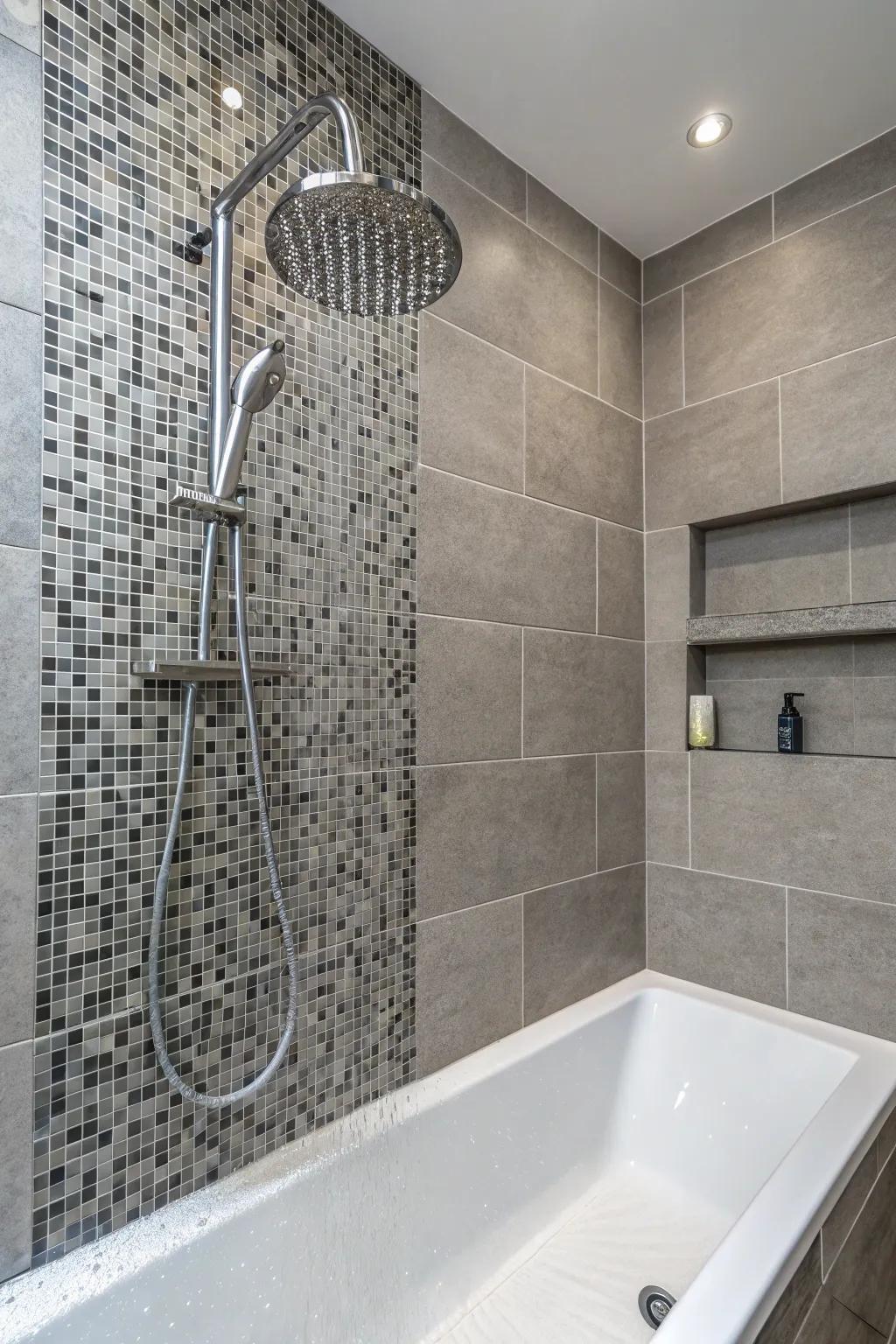 Intricate mosaic designs with grey tiles.