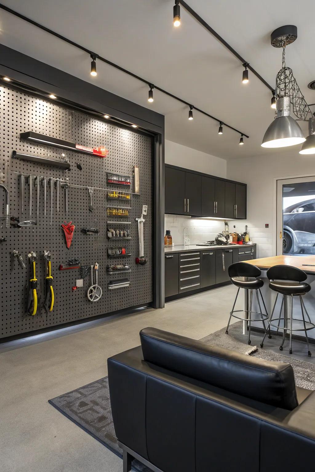 Organize with style using a versatile pegboard wall.