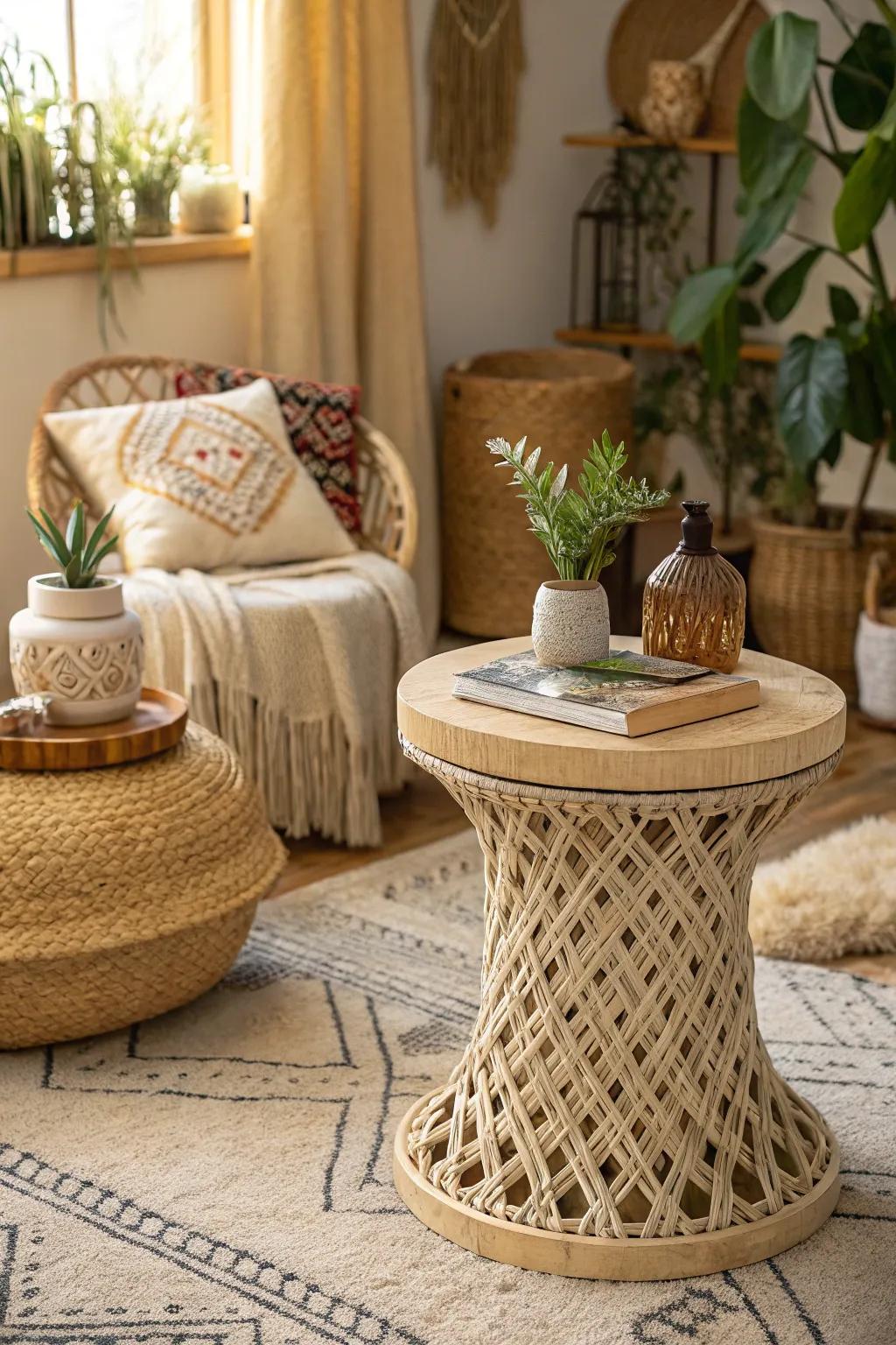 Woven-texture end table enhances the bohemian atmosphere.