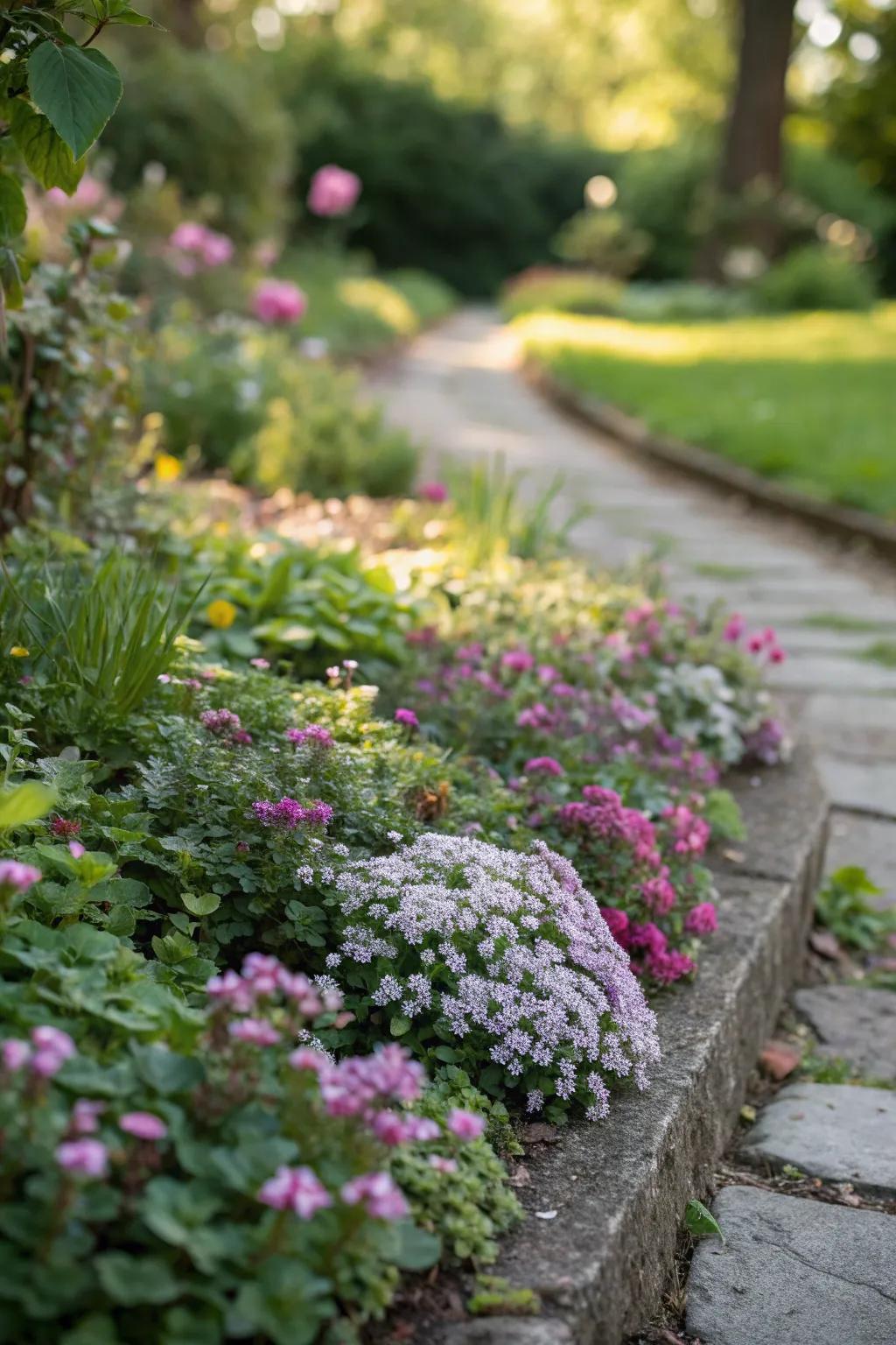 A picturesque small flower bed featuring rich, green groundcovers.