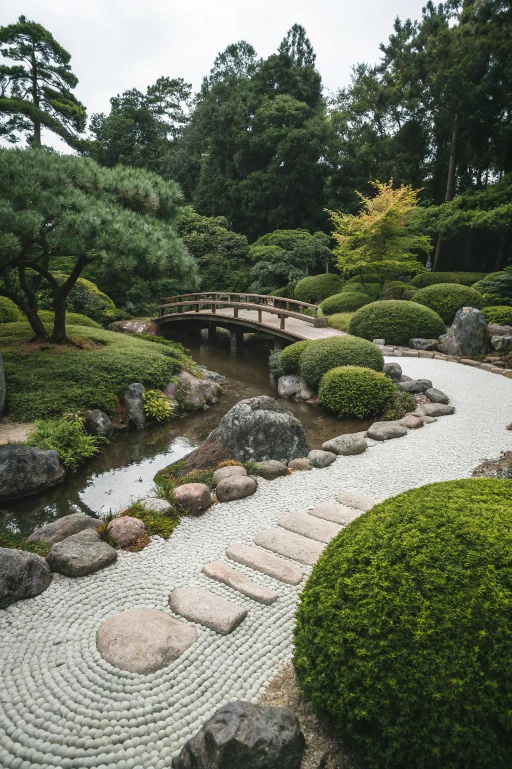 Hedges framing a tranquil Zen garden.