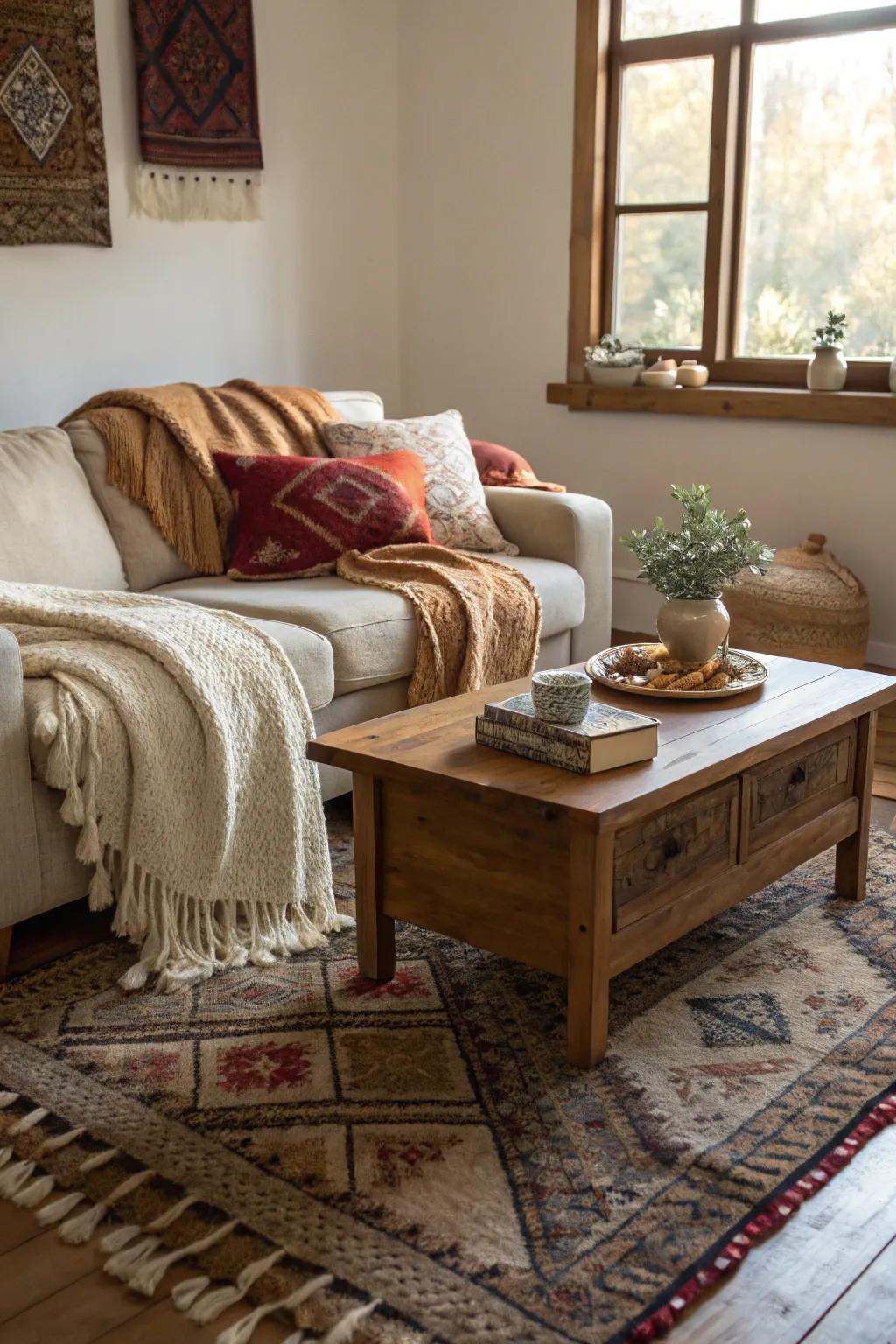 Layer textures to add depth and coziness.