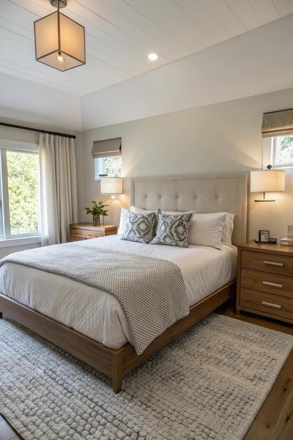 Elevated nightstands liberate space within a small master bedroom.