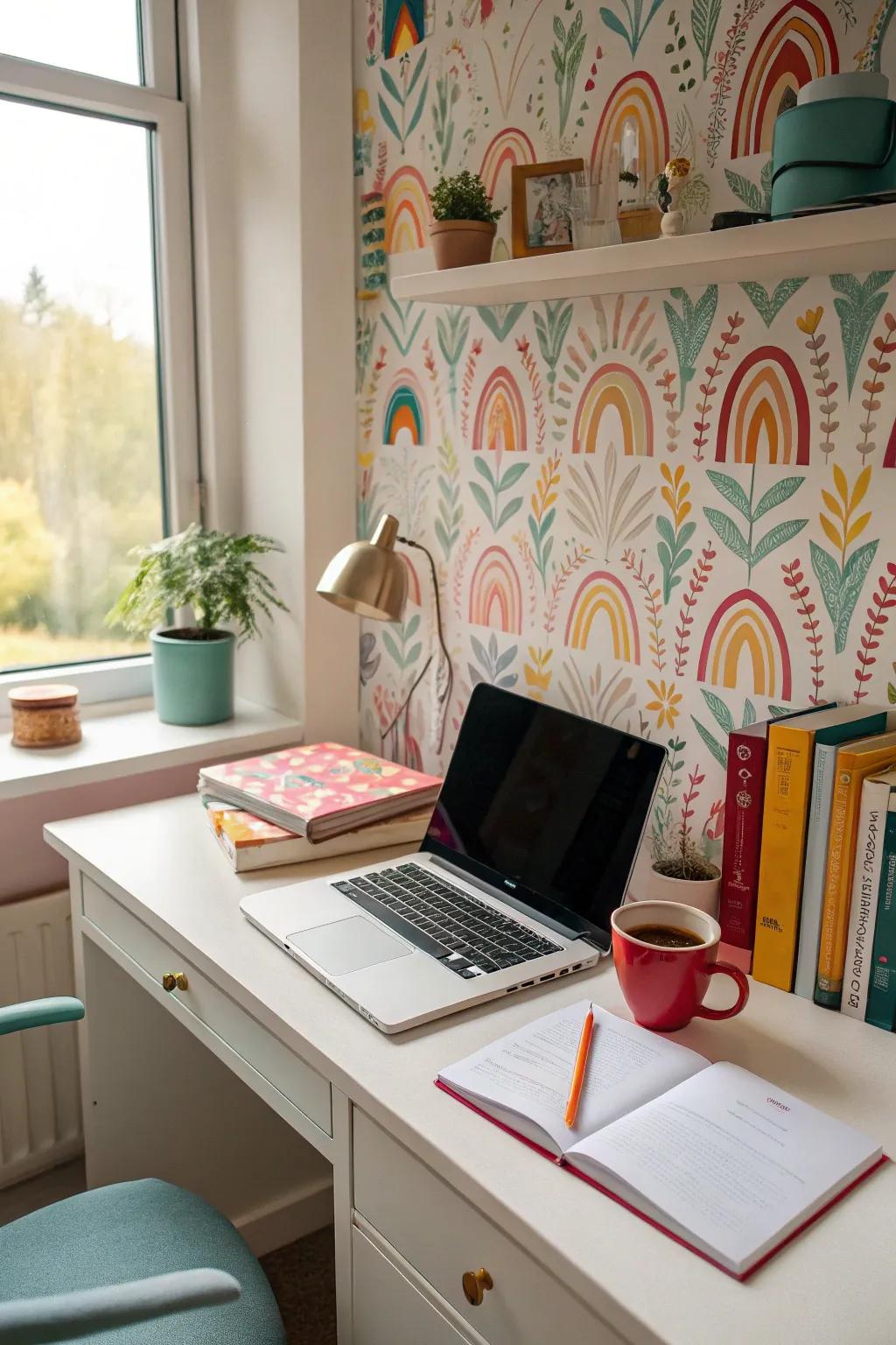 Vibrant wallpaper can add personality and energy to your office.