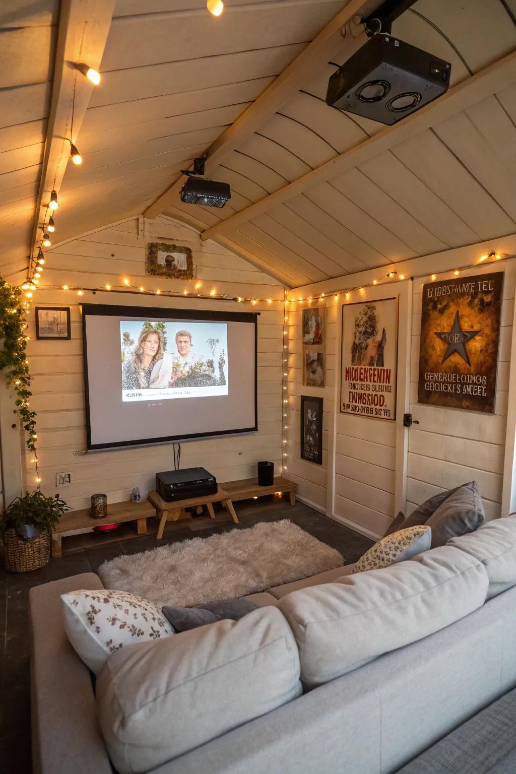 An intimate home cinema setup within a small shed.