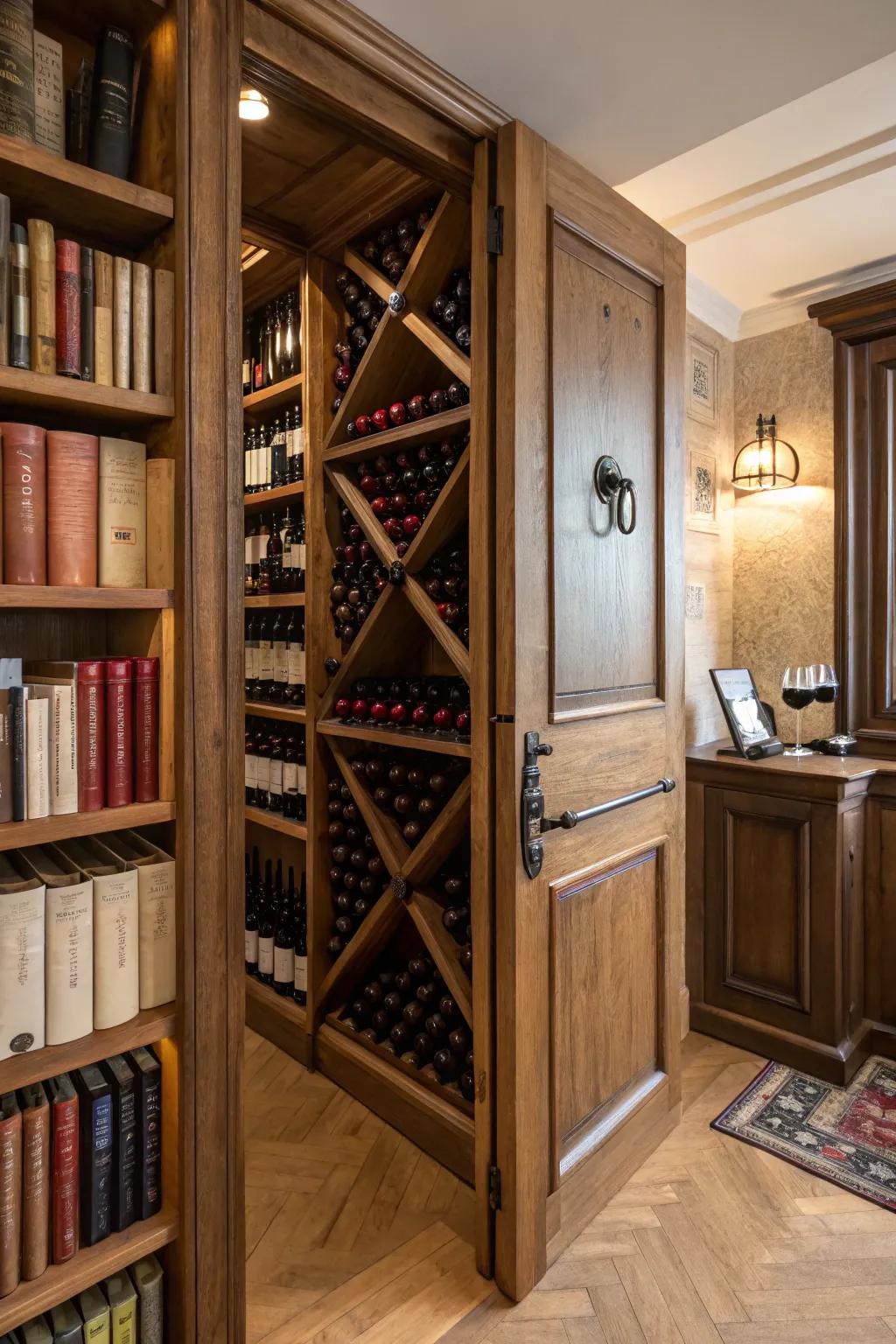 A hidden wine cellar adds mystery and sophistication.