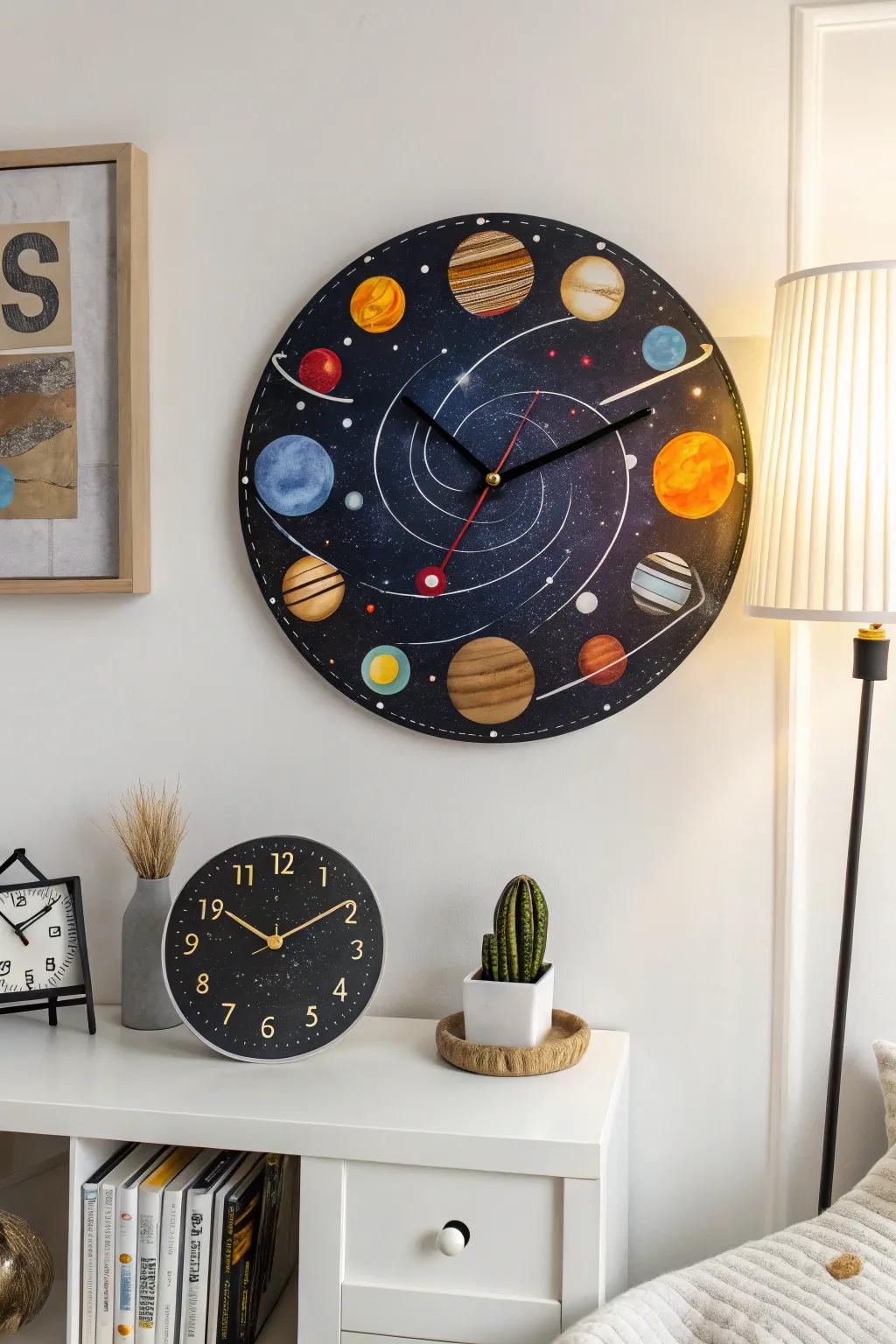 Space-themed wall clocks blend functionality with cosmic style.